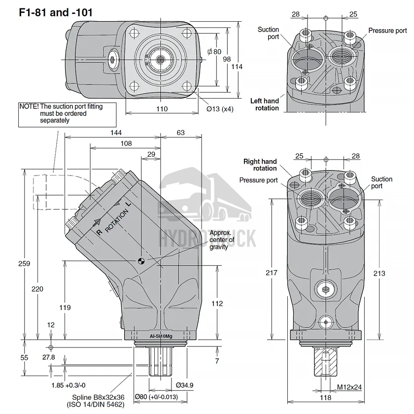Hydraulické pístové čerpadlo Parker F1-81-R pravé ISO 3781080