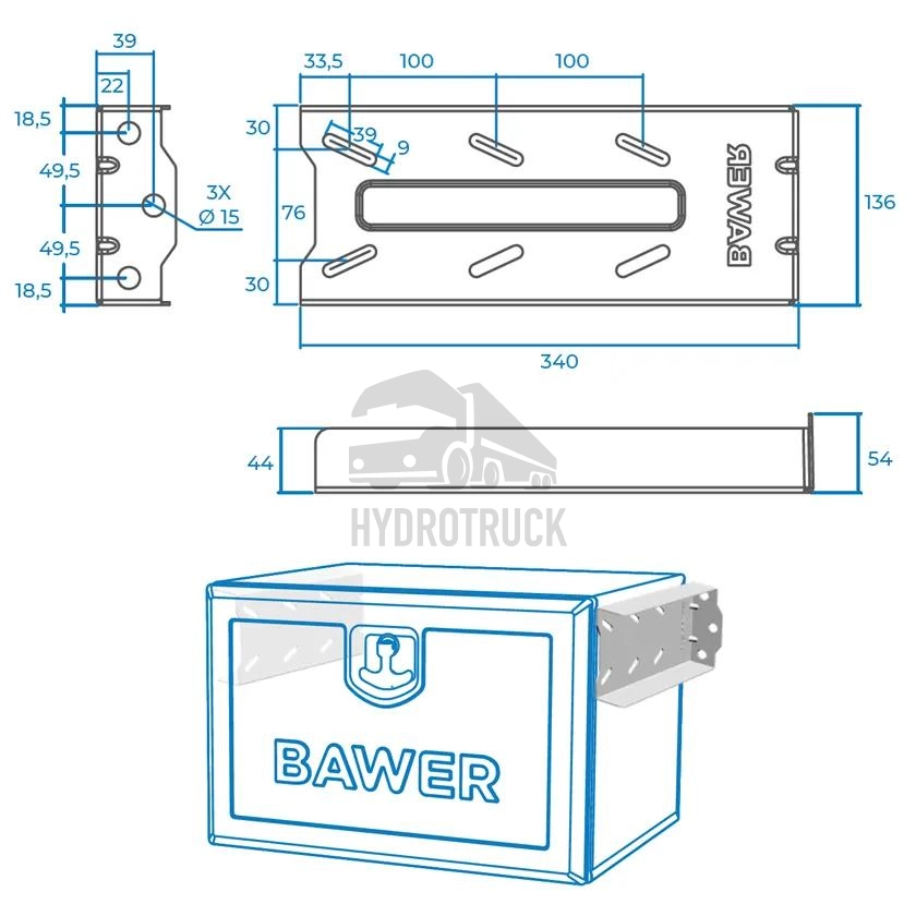 Horizontální držák plastových úložných boxů BAWER 340mm E2 99010