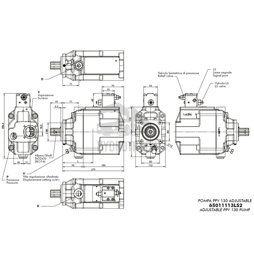 Hydraulické pístové čerpadlo OMFB PPV 130R pravé s proměnným průtokem ISO 65011113LS2